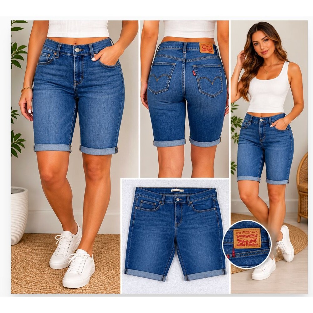 Levi's Classic Bermuda Shorts Women's 32 Stretch Denim Blue Rolled Cuffs Shorts